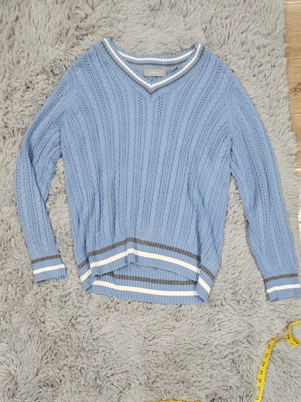 Vince Light Blue Cable Knit V-Neck Sweater with White and Gray Stripe Trim